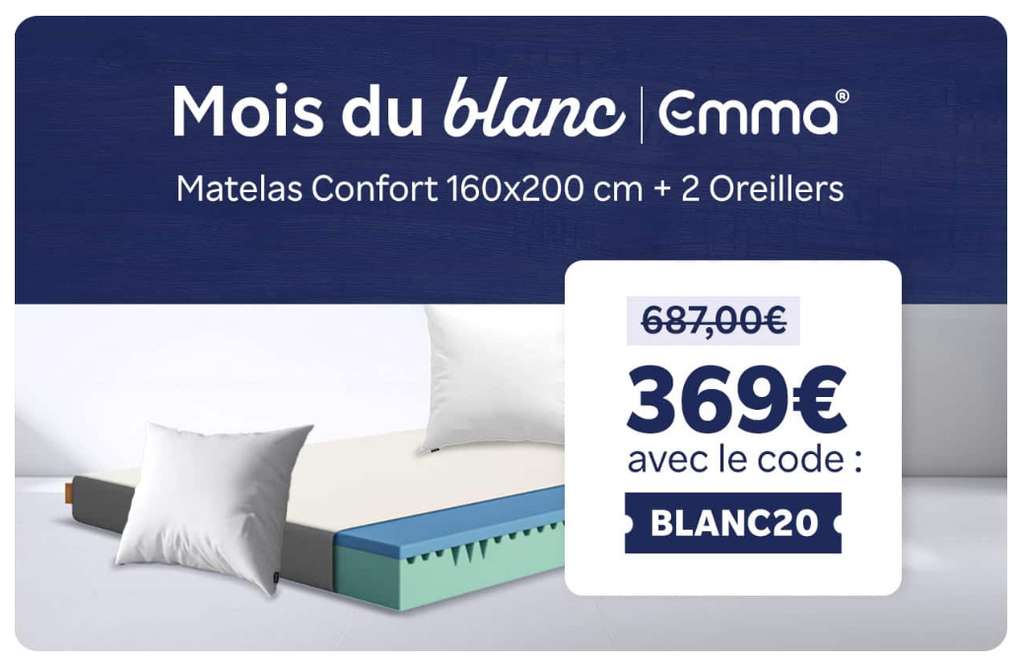 Matelas Emma Confort 160x200cm + 2 Oreillers Confort (+19,45€ en RP) –