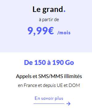 Forfait mobile flexible Prixtel 4G/4G+ ou 5G - Appels/SMS/MMS illimités + 150 Go en FR + 15 Go UE/DOM (Sans engagement)