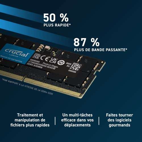 Mémoire RAM DDR5 Crucial - 16 Go, 4800 MHz, CL40, SODIMM (CT16G48C40S5)
