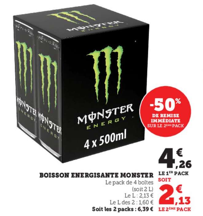 Lot de 2 packs de 4 boissons énergisantes Monster Energy - 8 x 50cl