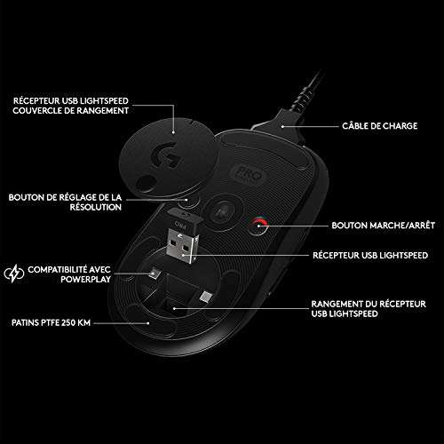 Souris sans fil Logitech G Pro Wireless - Capteur HERO, 25 600 dpi, 8 boutons programmables, RGB, technologie sans fil Lightspeed