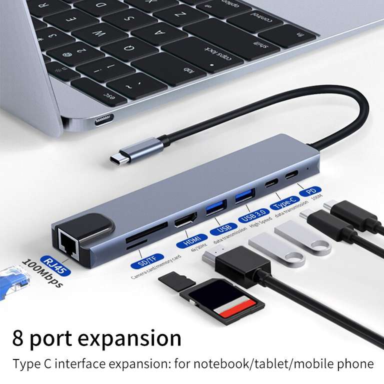 Hub USB C 3.1 8 en 1 Airies - ports USB, HDMI 4K, RJ45, lecteur de carte SD/TF, charge rapide