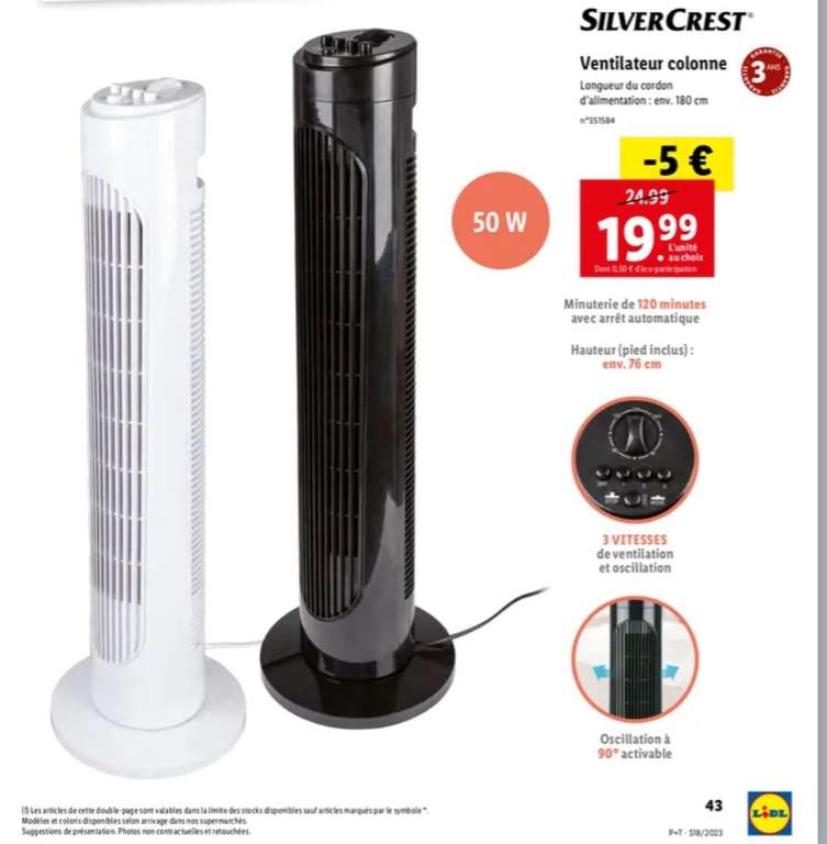 Ventilateur Colonne Silvercrest - 50W, Blanc ou Noir