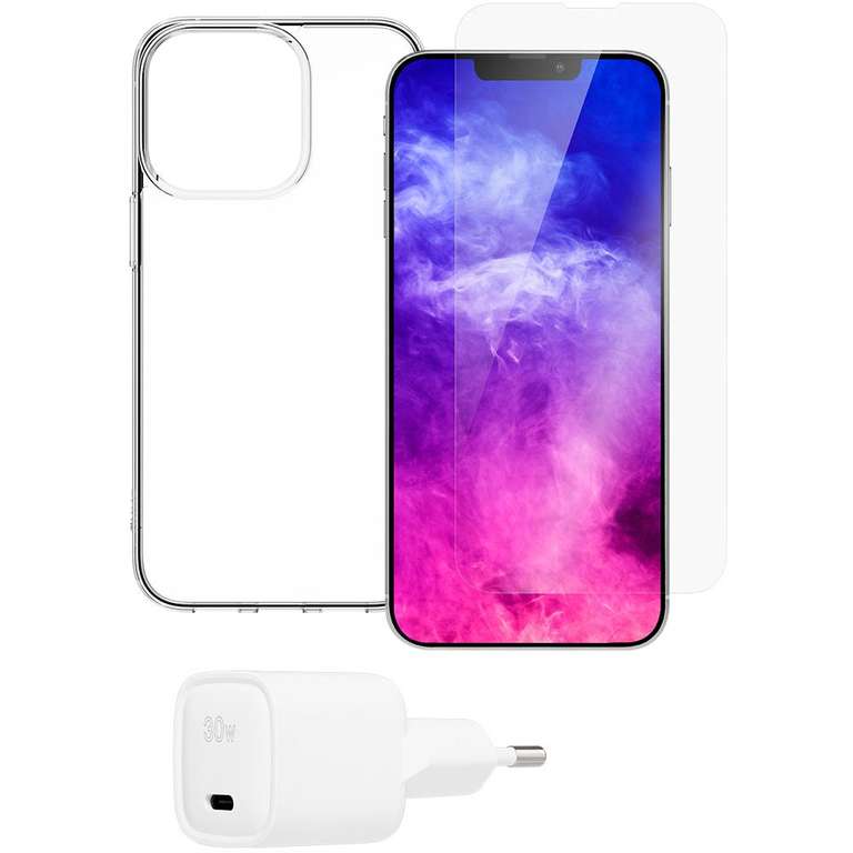 Starter Pack Qdos Iphone 13 mini : Coque transparente + verre trempé + chargeur 30W