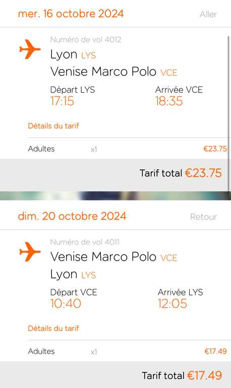 Vol Aller-retour Lyon (LYS) <-> Venise (Italie) - Du 16 au 20 Octobre (Bagage à main)
