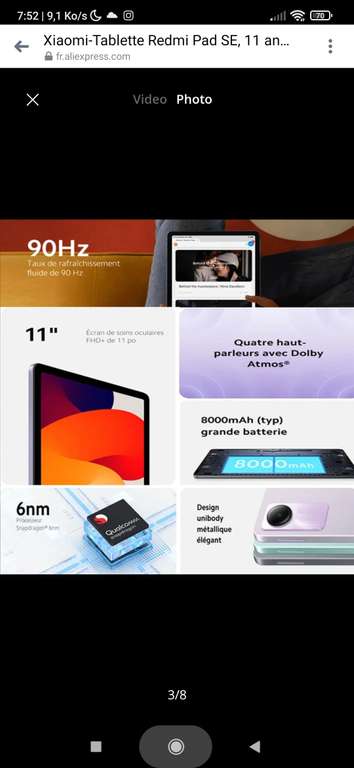 Tablette 11" Xiaomi Redmi Pad SE, FHD+ 90 Hz, Snapdragon 680, 8Go, 256Go, 8000 mAh (Version Globale CN)