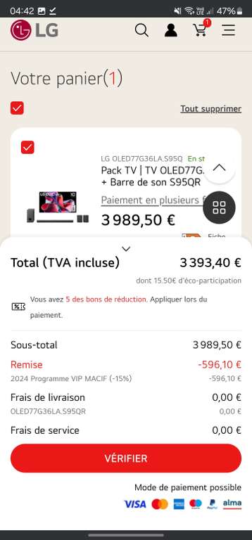 [Adhérents Macif] TV 77" LG OLED77G3 - Oled, Smart TV + Barre de son S95QR (via ODR de 1000€)
