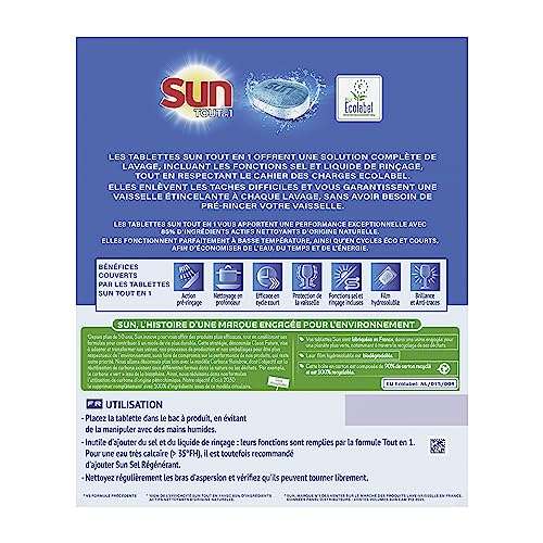 90 Tablettes Lave-Vaisselle Sun Tout-en-1 Citron, 85% Ingrédient Naturel/Ecolabel