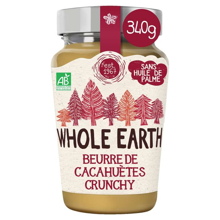 Pot de beurre de cacahuètes Whole Earth Crunchy Bio - Sans huile de palme/Sans sucres ajoutés - 340g