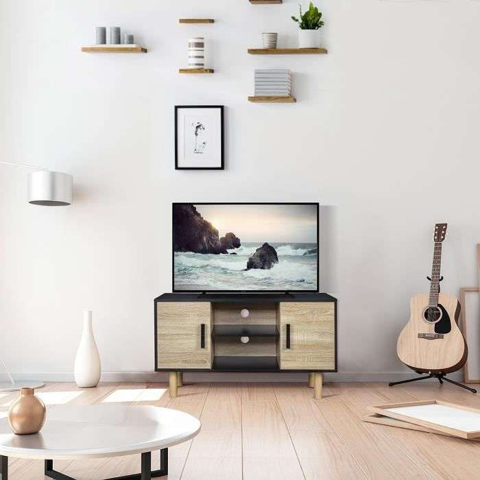 Meuble TV Lila - 2 portes - Décor mélaminé Noir - Pieds en bois massif pin - L90 x P35 x H55 cm