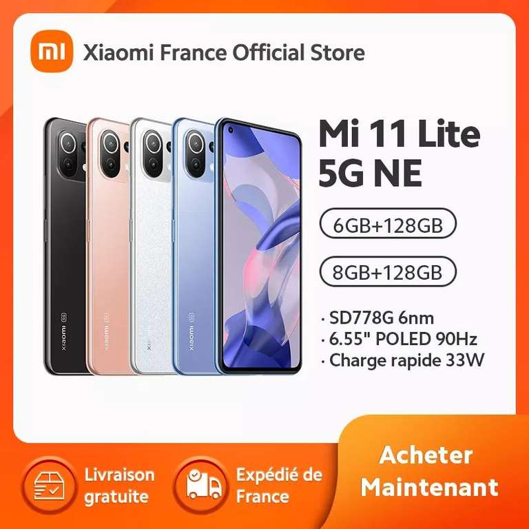 Smartphone 6.5" Xiaomi 11 Lite 5G NE - 8 Go RAM, 128 Go (Entrepôt France)