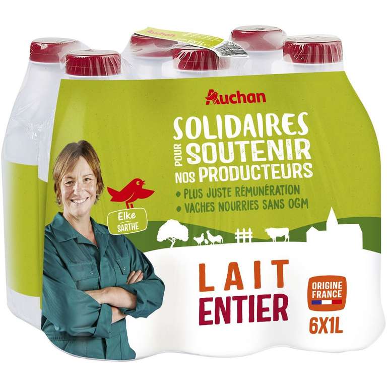 Pack de 6 bouteilles de lait entier Auchan Solidaire - 6 × 1L (via 4,16€ sur la carte fidélité) - Montgeron (91)