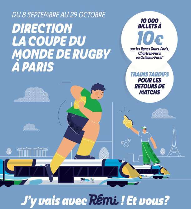 Billets de trains Rémi à 10€ : Tours/Chartres/Orléans <> Paris, du 8/09 au 29/10, les jours de match de Coupe du Monde de Rugby 2023