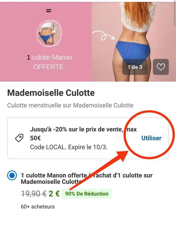 Bon pour 1 culotte menstruelle (ou tanga menstruel) acheté = 1 culotte menstruelle Manon offerte sur MademoiselleCulotte.com