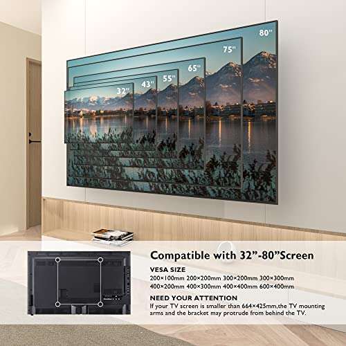 Support TV mural Bontec - 32" à 80", Jusqu'à 60 kg, Orientable & Inclinable, Double bras, Max VESA 600x400mm (Vendeur tiers)