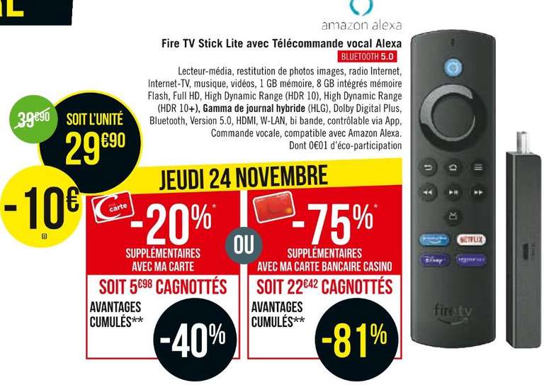 [CB Casino] Passerelle multimédia Amazon Fire TV Stick Lite (via 26.91€ cagnottés avec 10% Cmax)
