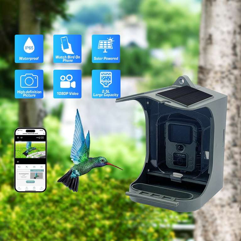 Mangeoire/Caméra d'observation connectée pour oiseaux - Caméra 1080P 120°, Wifi, IP65, Panneaux solaires