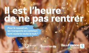 Transports en commun (métro, RER, train, tram, bus noctilien) gratuits la nuit du nouvel an 2024 - Île-de-France Mobilités