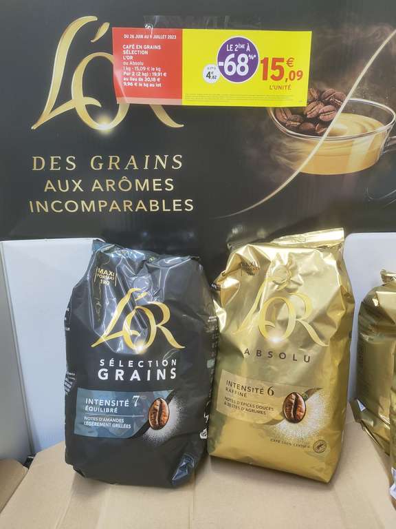 Paquets de café en grains L'Or Sélection 2x1 kg - Intermarché Chassieu (69)