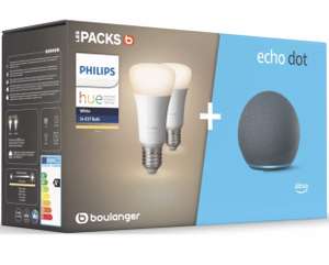Pack assistant vocal Amazon Echo Dot (4ème gén.) + lot de 2 ampoules connectées Philips Hue E27 White
