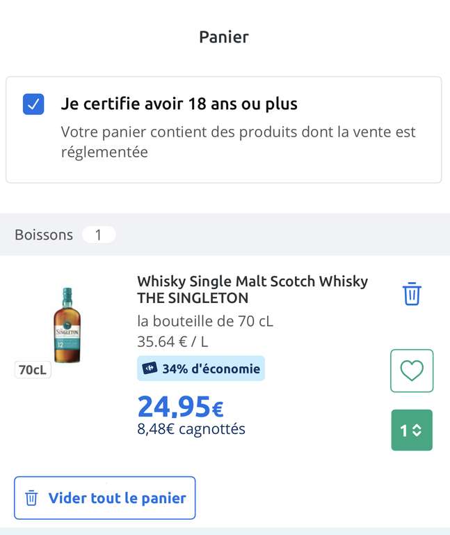Bouteille de whisky Single Malt Scotch The Singleton - 70 cl (via 8,48€ sur la carte de fidélité - magasins participants)
