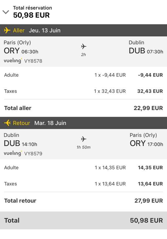 Vol Aller-retour Paris Orly (ORY) <-> Dublin (Irlande) - Du 13 au 18 Juin (Bagage à main)