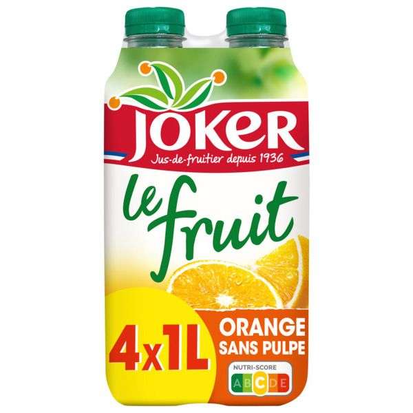 Pack de 4 bouteilles de jus de fruits Joker Le fruit Orange sans pulpe - 4 x 1L (via 2,01€ sur Carte Fidélité)