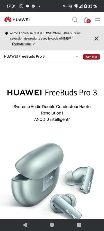 Écouteur intra-auriculaire sans fil TWS Huawei FreeBuds Pro 3