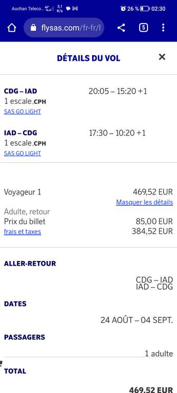 Vol A/R Paris (CDG) <-> Washington (IAD) du 24 août au 4 septembre, avec escale, bagage cabine inclus
