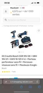 Kit 3 outils Bosch GSR 18V-28 + GBH 18V-21 + GWS 18-125 V-LI - Marteau perforateur sans fil + Perceuse-visseuse sans fil + Meuleuse d'angle