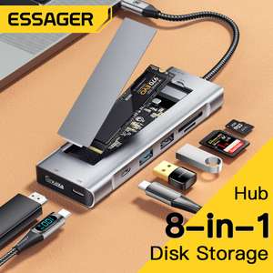 Hub USB-C 8 en 1 Essager - Emplacement SSD M.2 NVMe/SATA, HDMI, Lecteur Carte TF/SD, Power Delivery, DisplayPort 100w