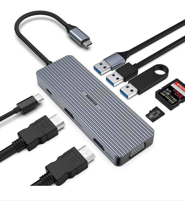 Hub USB-C 9-en-1 Oberster - 2x HDMI 4K, Lecteur de carte SD, VGA, 3 USB, 100W PD, SD/TF (via coupon)