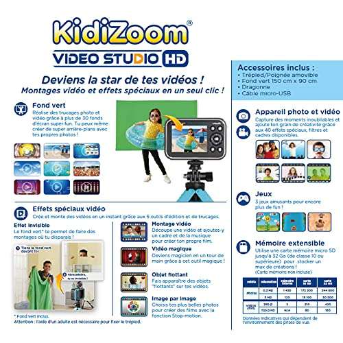Appareil Photo Numérique Enfant KidiZoom Vidéo Studio HD VTech - Appareil Photo avec Trépied et Fond Vert (Occasion - Comme Neuf)
