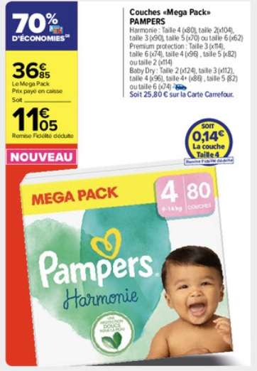 Mega pack de couches Pampers baby-dry Harmonie - Différentes variétés (via 25,80€ sur carte fidélité et BDR de 2€)