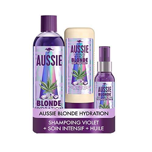 [Prime] Set Aussie Blonde Hydration Vegan : Shampoing Violet 300ml + Soin Intensif 3 Minute Miracle 225ml + Huile Capillaire 100ml