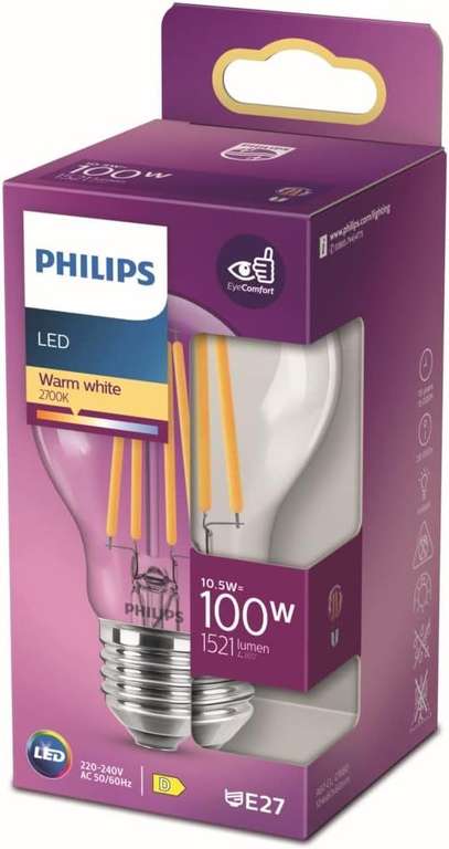 Ampoule LED Phillips - E27, Blanc chaud, 10.5w équivalent 100w, Classe D
