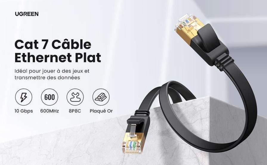 Ugreen UGREEN CAT 7 Plat Câble Ethernet Réseau RJ45 Haut Débit 10Gbps 600MHz UFTP 8P8C 
