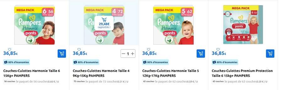 Couches-Culottes Harmonie Taille 5 12kg - 17kg PAMPERS : le paquet de 56  couches à Prix Carrefour