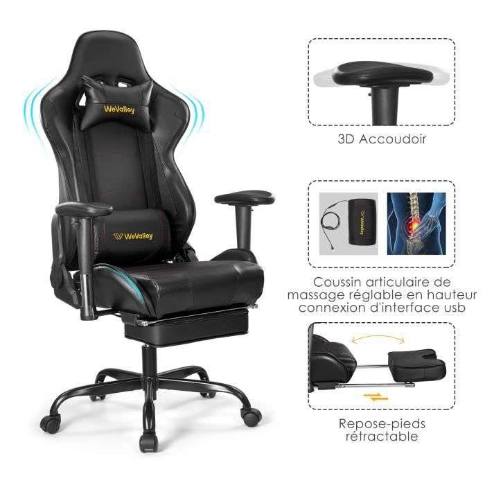 Chaise Gaming WeValley - Inclinable à 170°, Ergonomique, fonction massage, Noir