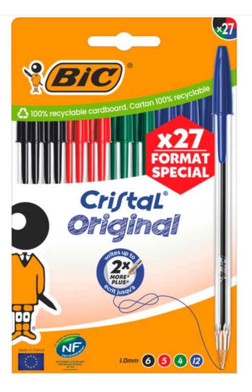 Pack de 27 stylos-bille Bic Cristal Original - Bleu, rouge, vert et noir (via 2,45€ sur carte fidélité) — Intermarché