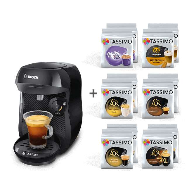 Machine à café Tassimo Happy Bosch Noire1400W + 12 paquets de Cafés