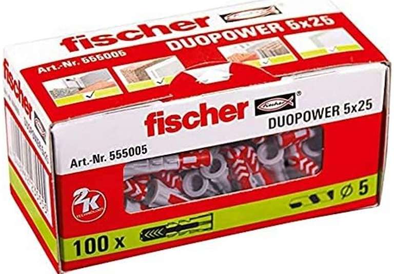 Paquet de 100 chevilles Fischer Duopower 555005 - Rouge/Gris, 5 x 25 (Frontaliers Belgique)