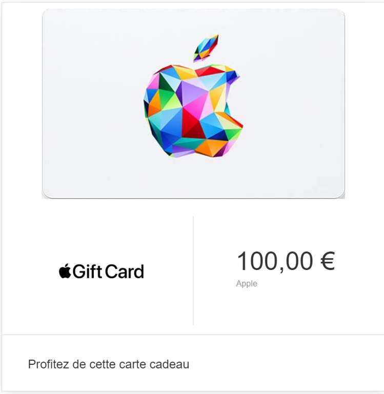 Code promotionnel de 10€ offerts pour l'achat d'une carte cadeau Apple de minimum 100€