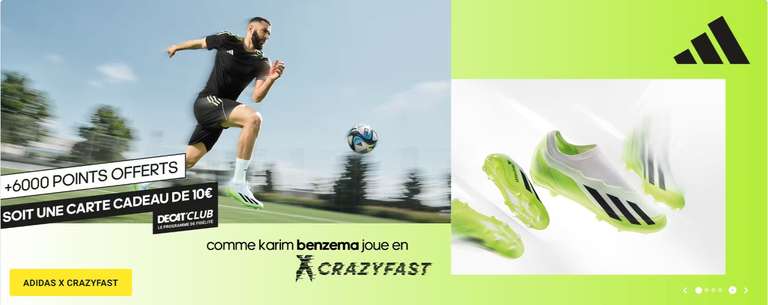6000 points fidélité offerts (10€) pour un achat sur une sélection foot Adidas X Crazyfast