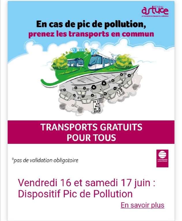 Transport gratuit suite à un pic de Pollution jeudi 15 et Samedi 17 - Rouen (76)