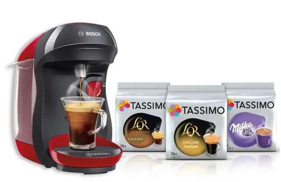 Machine à boissons chaudes Bosch Tassimo Happy TAS1003 - 1400 W, 0.7 litre, Rouge/Noir + 3 paquets de dosettes inclus