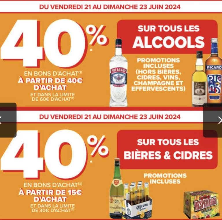 40% en bon d'achat sur les Alcools, bières et cidres (promotions incluses)