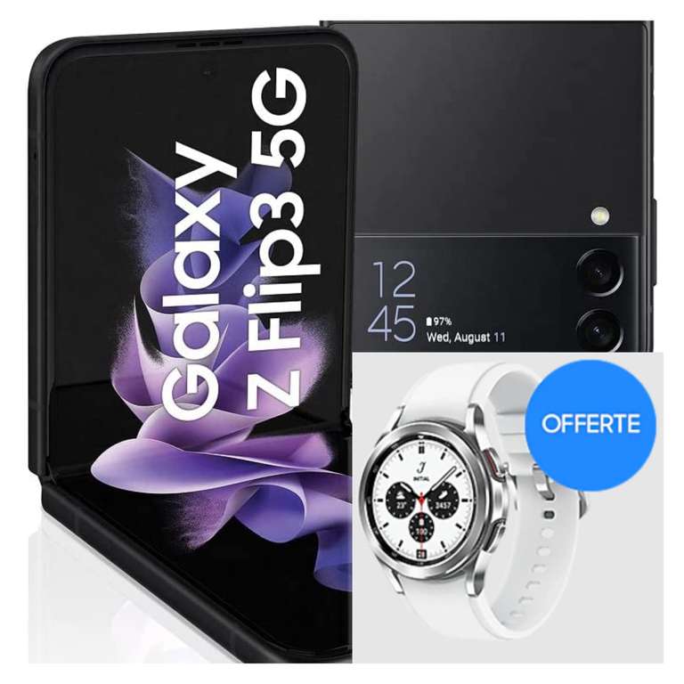 Smartphone 6.7" Samsung Galaxy Z Flip3 5G (8 Go RAM, 128 Go, noir) + montre connectée Galaxy Watch4 Classic 42 mm (via ODRs de 100€)