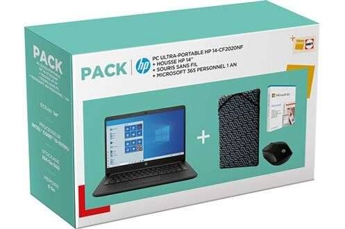 Pack PC portable 14" HP 14-cf2020nf (HD, i3-10110U, 8 Go RAM, 256 Go SSD, Windows 10S) + housse + souris + abonnement 1 an à Microsoft 365