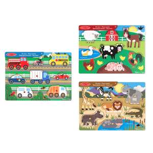 Lot de 3 puzzles en bois à chevilles Melissa & Doug, Safari, Animaux de la ferme et Véhicules, dès 2 ans